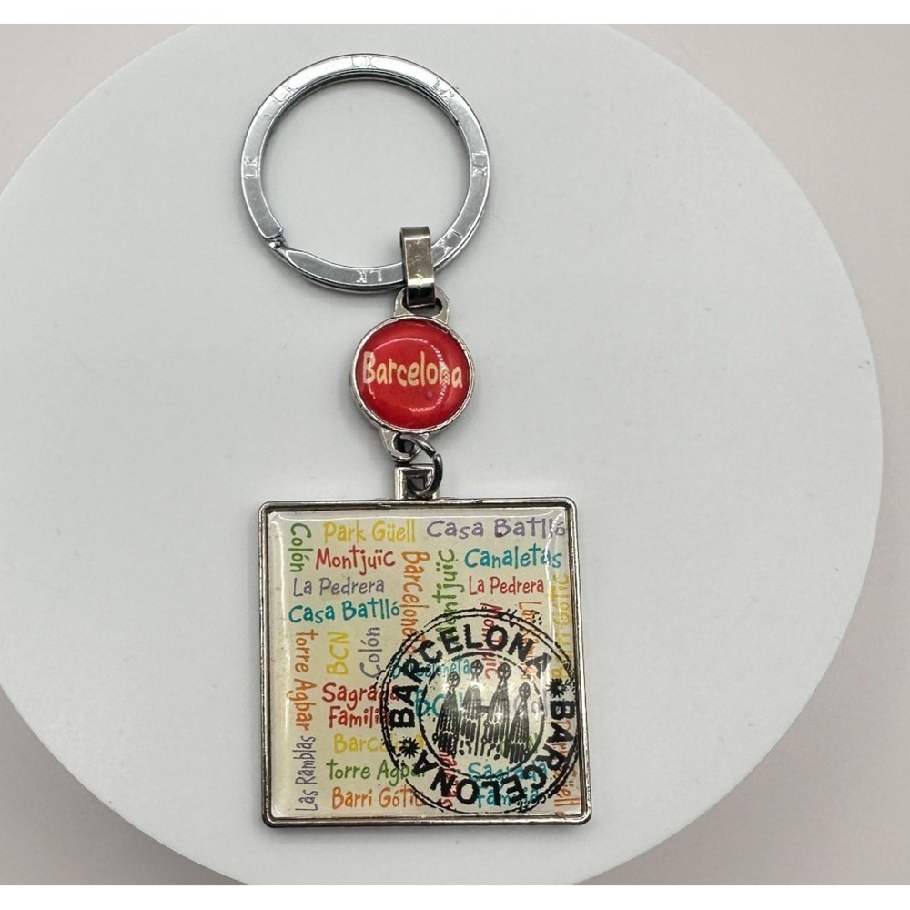 Vintage 70s LK Barcelona Spain Souvenir Silver Tone Square Charm Keychain